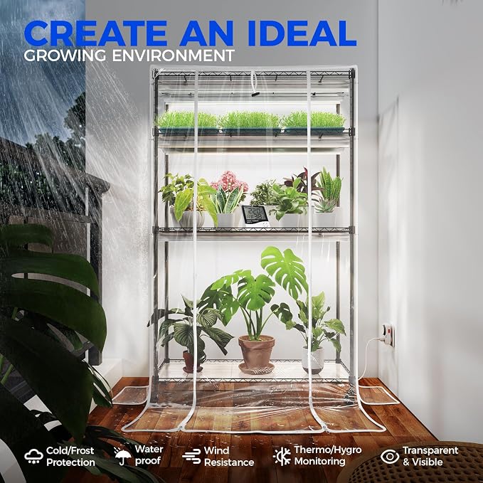 Barrina CX5Z Indoor Greenhouse with Grow Light, 180W, 4-Tier 35.4x13.8x59IN | Full Spectrum T8 Plant Lights, Portable Metal Plant Stand Tent, Timer, Thermometer for Seed Starting