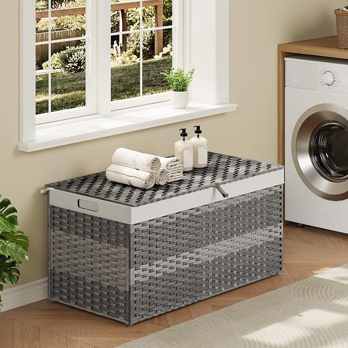 HOOBRO Storage Basket with Lid, 52.8 Gallon (200L) Wicker Basket, Handwoven Blanket Storage Basket with Handles, Metal Frame and Soft Lining, Foldable for Bedroom, Laundry Room, Gray GY220CW01