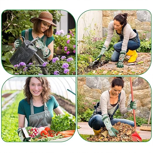 WANCHI Gardening Gloves, Durable and Comfortable Women's Long Garden Gloves for Gardening Work and Yard Work, Leather Gardening Gloves for Women, Green Print (Medium)