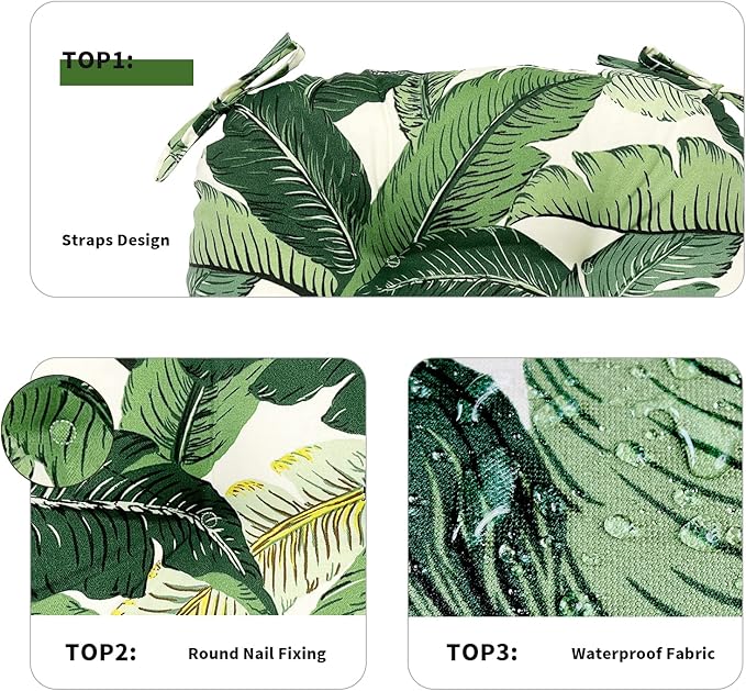 DYTXIII Set of 2 Outdoor Chair Cushions 19"x19"x4", Water Repellent Tufted Patio Seat Cushions with Ties, Thick Replacement Pads for Wicker Dining Chairs, Patio Furniture, Swaying Palms Green