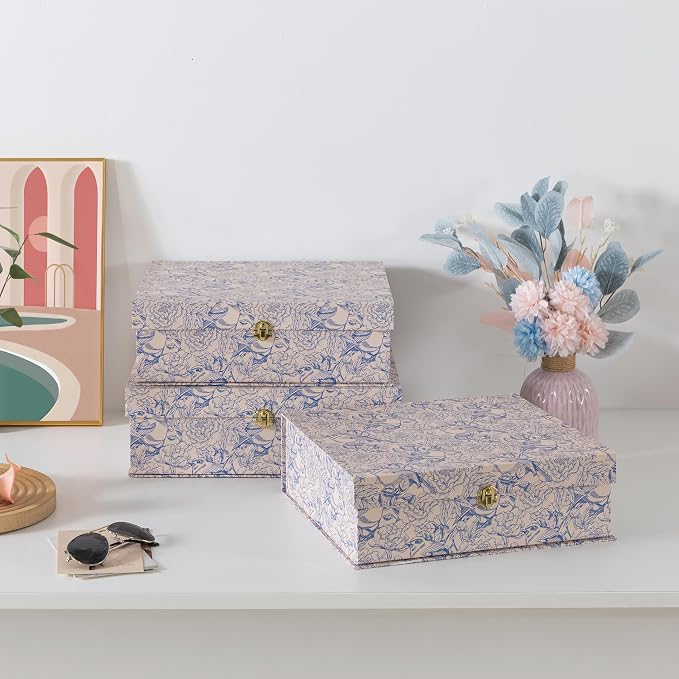 Soul & Lane - Blue Floral Storage Boxes with Gold Hardware, Set of 3 | Keepsake Trunk Style Storage Boxes with Lids for Home Decor and Organizing, Cute White Vintage Wedding Memory Chests
