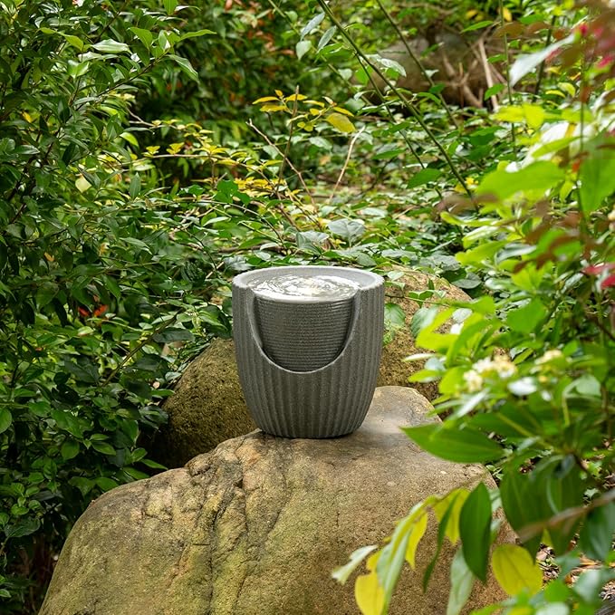 9.84” H Small Outdoor Water Fountain Made with Eco-Friendly Recyclable Materials, Polyethylene Bubbler Water Fountain, Outdoor Tabletop Decor with LED Lights for Patio, Porch, Backyard (9.84")