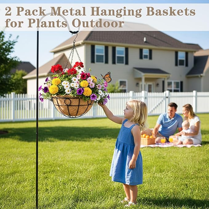 EIMQUVW Outdoor Hanging Planter Set (2 Pack) Durable Hanging Baskets with Coconut Fiber Lining and Chain 12 Inch Black Round Metal Flower Pots for Spring Summer Indoor and Outdoor Decorating