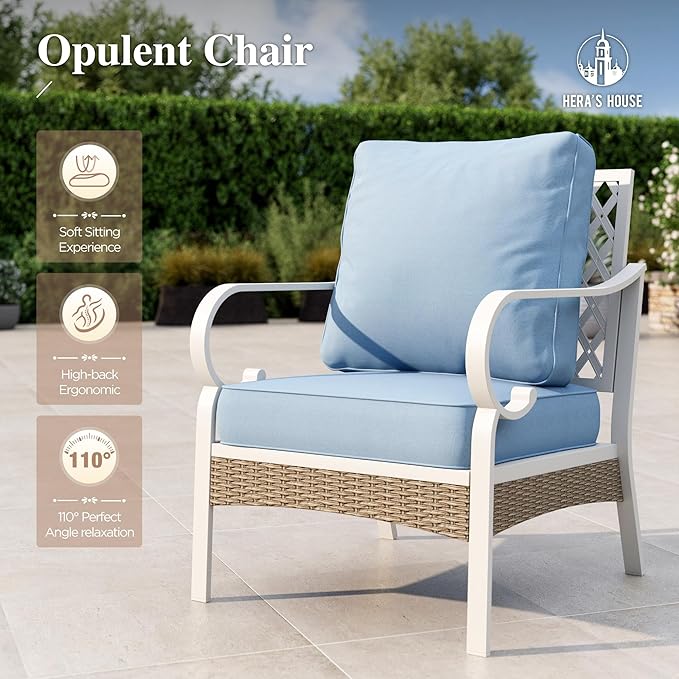 HERA'S HOUSE Patio Chairs Set of 2, High Back Outdoor Metal Frame Chairs with Cushions, All Weather Outdoor Patio Furniture for Lawn Garden Backyard Deck, Blue