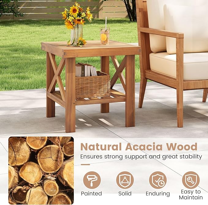 Tangkula Outdoor Side Table, 2-Tier Acacia Wood Adirondack Bistro Table with Slatted Tabletop & Storage Shelf, Small Square Patio Table for Yard, Deck, Garden, Poolside (1)