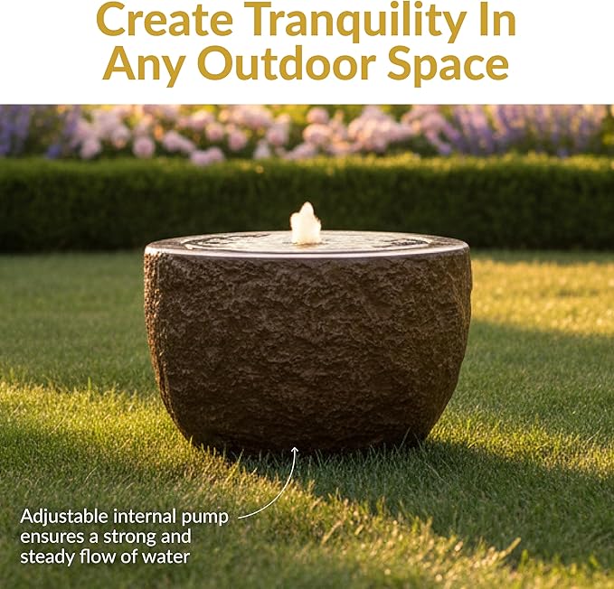 Sunnydaze Outdoor Water Fountain with LED Light - Polystone Oval Bowl Bubbler Water Feature with Pump - 13" H - for Patio, Garden, Deck, Relaxation and Stress Relief - Brown