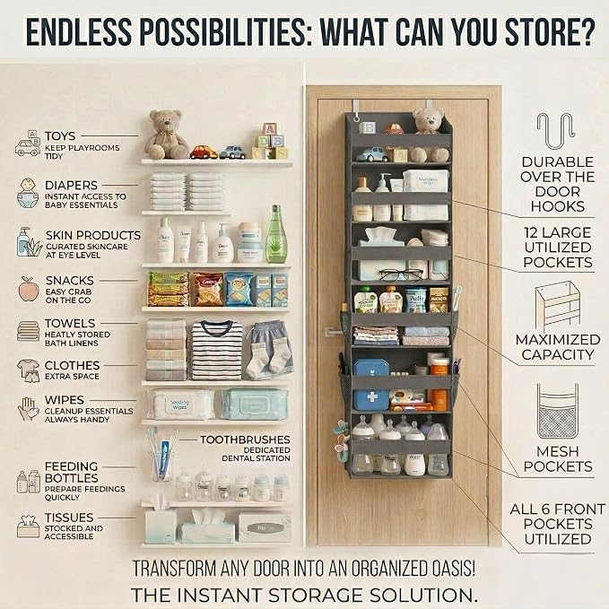 HOMELUX THEORY Over the Door Organizer, 6-Tier, 100D Fabric, Dark Gray 1pc | Over the door shoe organizer, 50 lbs capacity, 12 side mesh pockets, 100D extra thick fabric, Closet & entryway storage