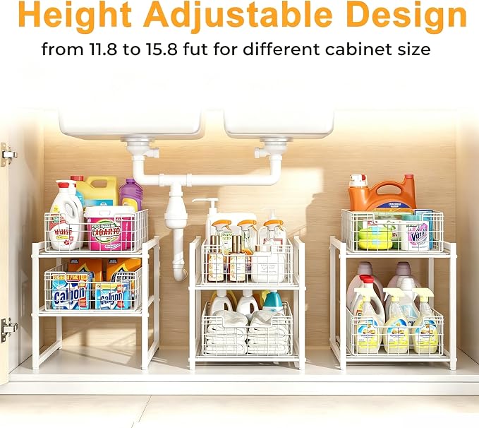Under Sink Organizer, White 2-Tier Pull Out Cabinet Organizer