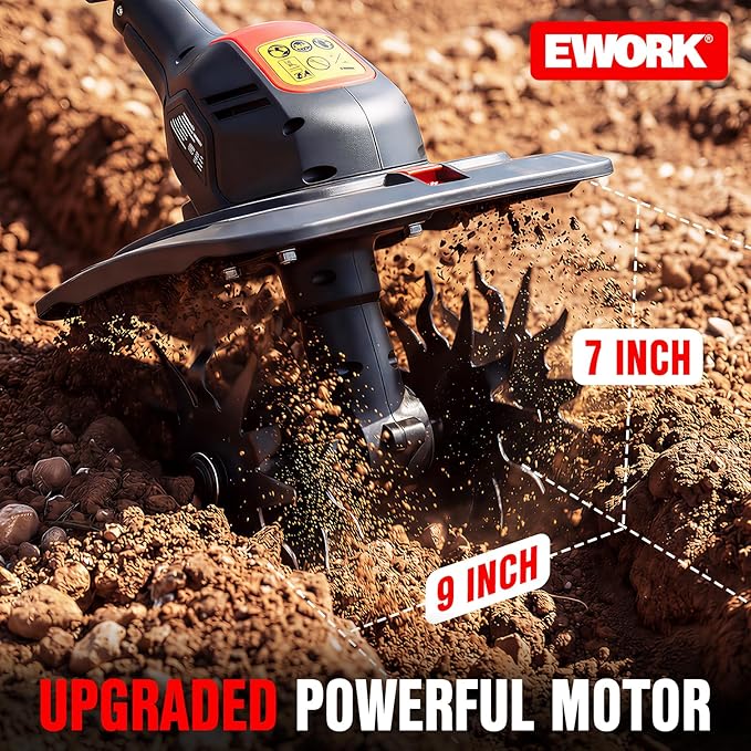 EWORK 20V Cordless Tiller Cultivator with 2×2.0Ah Batteries & Fast Charger,9" Width 7" Depth Electric Garden Rototiller for Yard Lawn Soil Cultivation