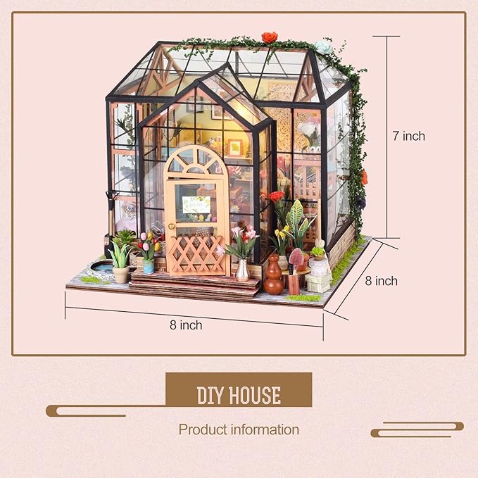 INSGEN Greenhouse Booknook Kit, DIY Miniature Dollhouse Building Set, 1:24 Scale Wooden Diorama Model, Tiny Street House Craft for Adults,Home Bookshelf Decor Gift