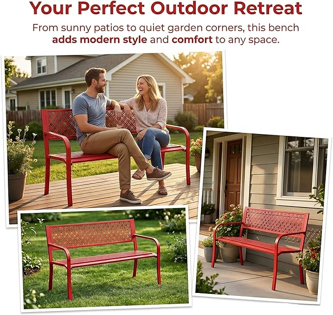 Garvee Outdoor Metal Garden Bench for 2 Person, Heavy Duty Steel Patio Bench 790 Lbs Capacity, Weather Resistant Black Porch Seating with Geometric Backrest, Outdoor Furniture for Yard, Deck, Entryway
