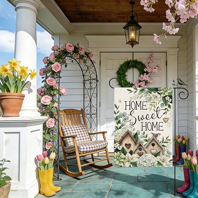 GEEORY Home Sweet Home Garden Flag 12x18 Inch, Hydrangea Eucalyptus Double Sided Spring Summer Decor, Farmhouse Rustic Outdoor Floral Flag Outside Yard Lawn Decoration