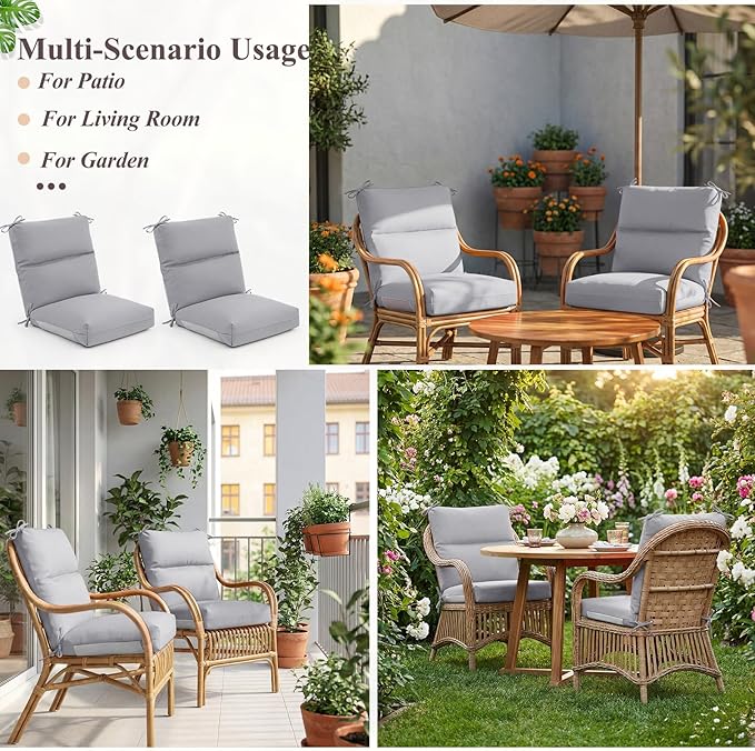 Geelin 4 Pack Outdoor/Indoor High-Back Chair Cushions 44×21 in, Stuffed Tufted Replacement Patio Chair Cushions with Ties Weather Resistant Pads for Patio Furniture (Light Gray)