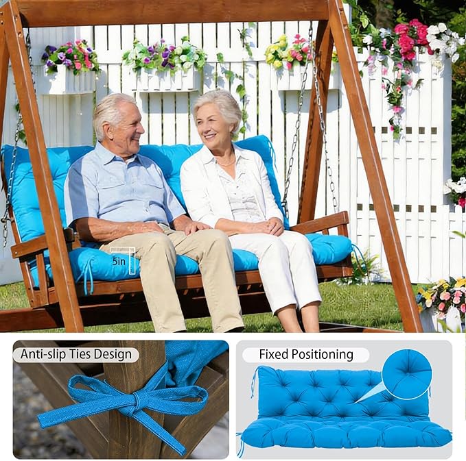 Durable Extra 5" Thick Waterproof Outdoor Swing Cushions 60inch Porch Swing Cushions 3 Seater Replacement Fade-Resistant with Backrest and 8 Ties for Outdoor Patio Long Bench Furniture