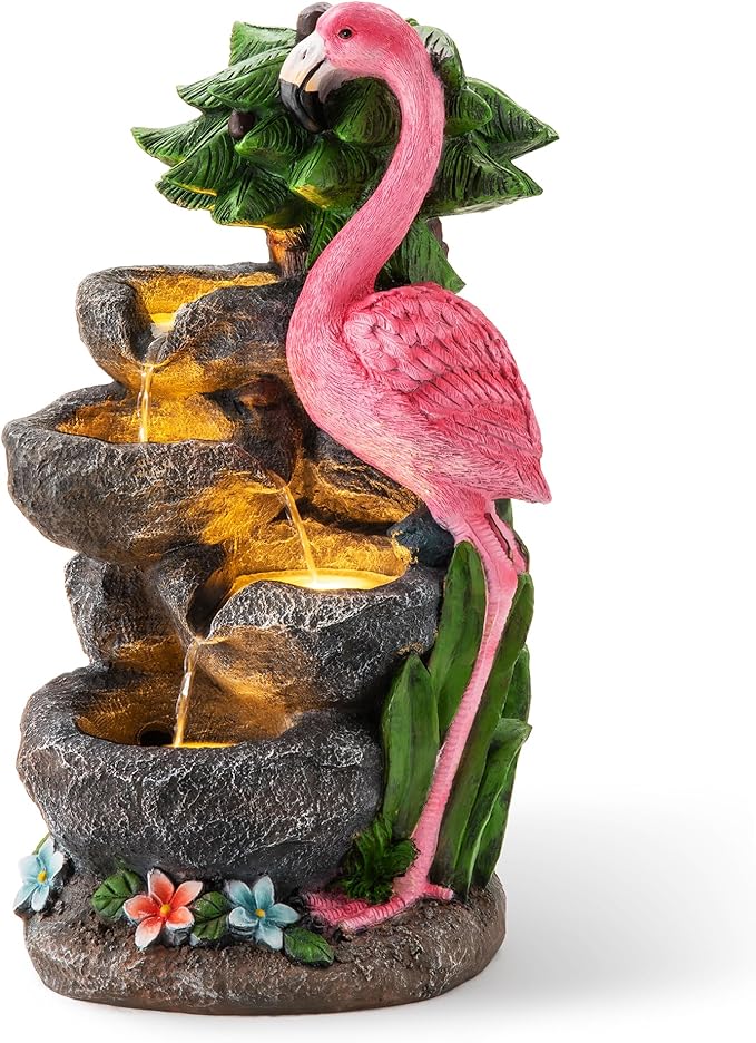 Glitzhome Outdoor Water Fountain, 4-Tiered Flamingo Outdoor Fountain with Lights, 23.5" H Polyresin Decorative Waterfall Feature Garden Fountain with Pump for Garden, Patio, Yard, Deck, Porch Decor