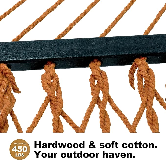 Gafete 12ft Double Hammocks for Outside, Handwoven Traditional Cotton Rope 2 Person Hammock with Hardwood Spreader Bar, Chains & Hooks for Indoor Outdoor, Max 450 lbs Capacity (Coffee Brown, Medium)