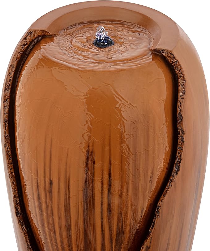 Alpine Corporation 33" Tall Outdoor Vintage Cascading Antique Jar Water Fountain with LED Lights for Gardens, Patios, and Yards, Brown