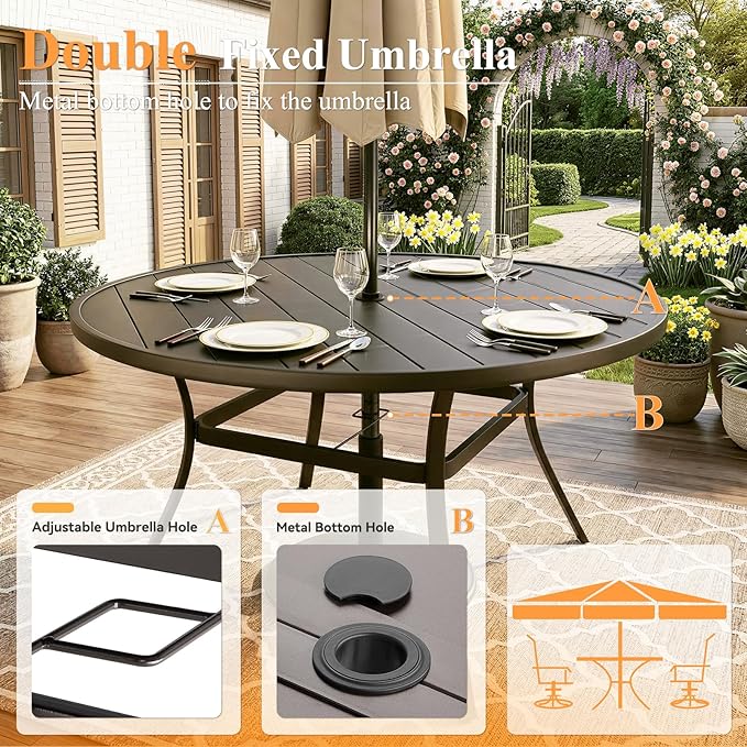 Round Outdoor Dining Table, Metal Round Patio Table for 8-Person with Adjustable Umbrella Hole, Weather-Resistant for Garden Backyard Porch
