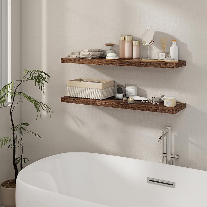 40 Inch Floating Shelves Set of 2, 8 Inch Deep Wall Shelf, Rustic Wood Storage Shelves for Bedroom, Kitchen, Bathroom, Wall-Mounted Shelf with Invisible Brackets for Books|Storage, Rustic Brown