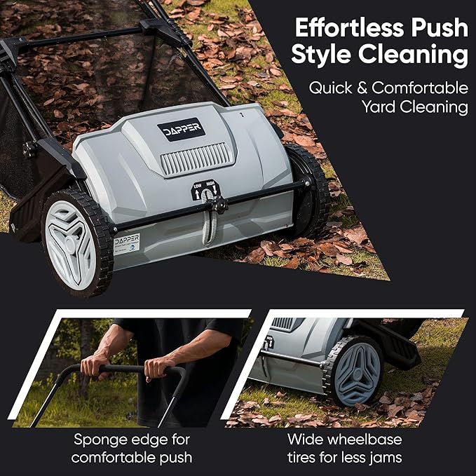 Dapper Supply 21-Inch Push Lawn Sweeper, Grass, Lawn and Leaf Cleanup Collector with Large 3.5 cu. ft. Hopper Bag, Durable Wheels, and Dual Spinning Brushes, Grey