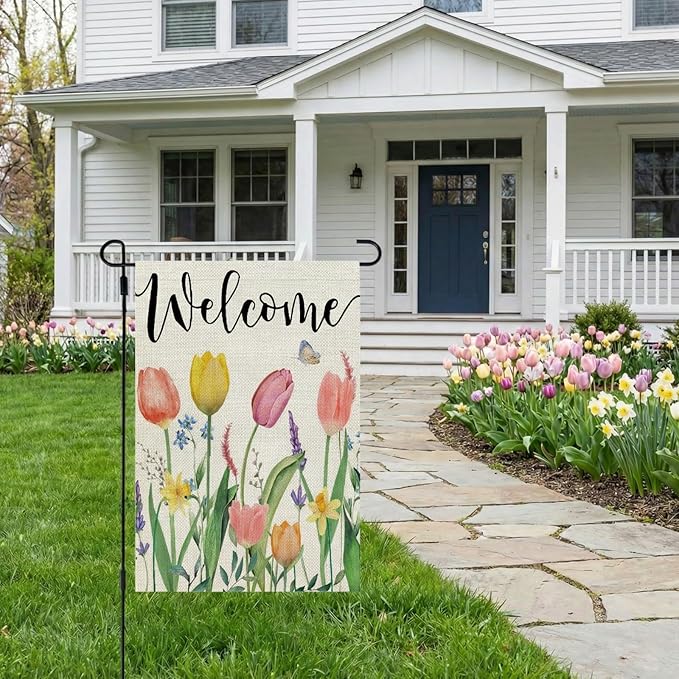 CROWNED BEAUTY Spring Garden Flag Floral 12x18 Inch Double Sided for Outside Tulips Welcome Burlap Small Yard Holiday Decoration