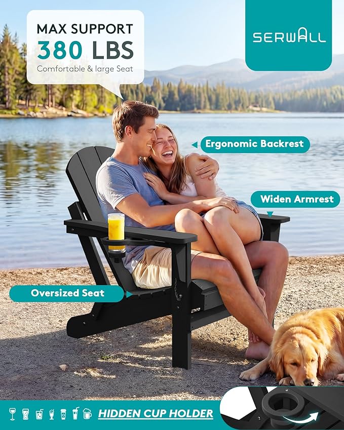 SERWALL Folding Adirondack Chair with Cup Holder for Outdoor, All-Weather Patio Chairs with Wood Texture, Fire Pit Chairs for Deck Porch Garden - Black