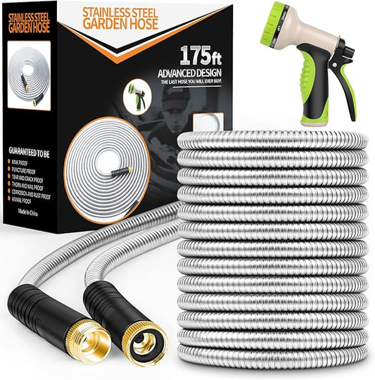 Unywarse Garden Hose 175ft, Stainless Steel Heavy Duty Water Hose with 10 Function Nozzle Flexible, Lightweight, No-Kink, Pet Proof, Puncture Proof Metal Hose for Yard, Outdoor