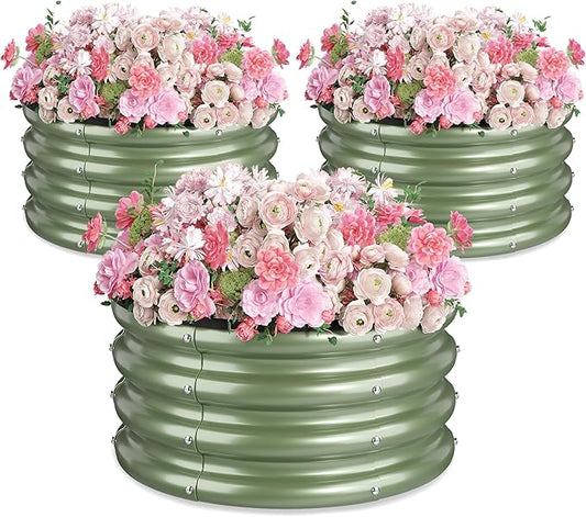 2 x 2 x 1 ft Round Raised Garden Bed, Green 3 Pack 0.6 mm Thick Galvanized Steel Planter Box with Double Layer Paint and Safety Edge Trim for Vegetables Flowers Herbs Outdoor Garden