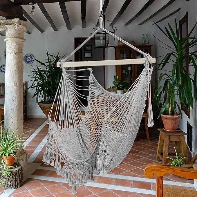 Hammock Chair，Max 330lbs, Large Hanging Chair, Soft Cotton Rope Swing Chair with High Load-Bearing Metal Rod,Indoor Outdoor Garden Yard Living Room Use