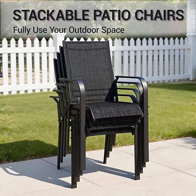 Patio Chairs Set of 4, Outdoor Dining Chairs, High Back Wide Seat with All Weather Breathable Textilene, for Lawn Garden Backyard, Black