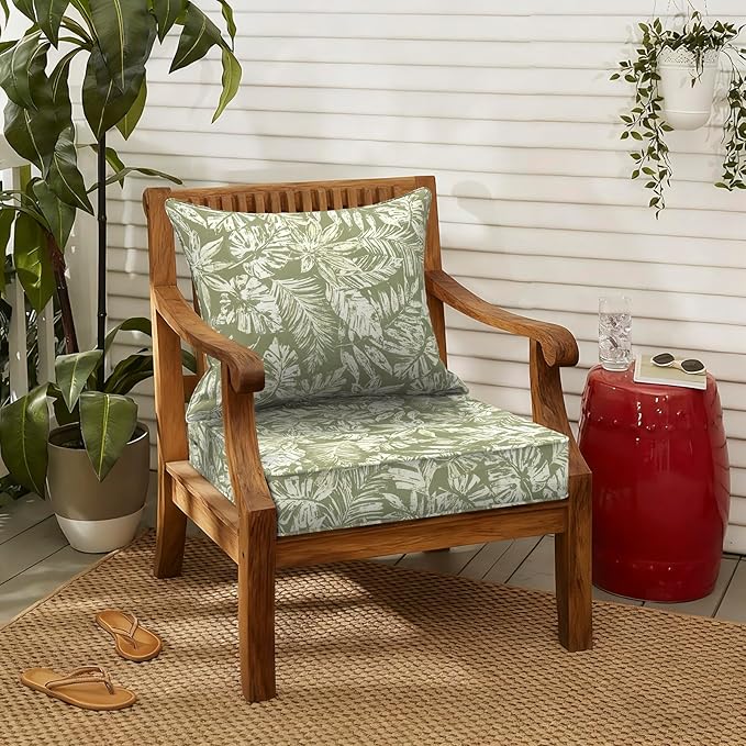 LVTXIII Outdoor Deep Seat Cushion Patio Seat and Back Cushion Set Seasonal Chair Cushion with Removable Cover and Adjustable Buckle for Home and Garden, 22"x22"x4",Tropical Leaf Green