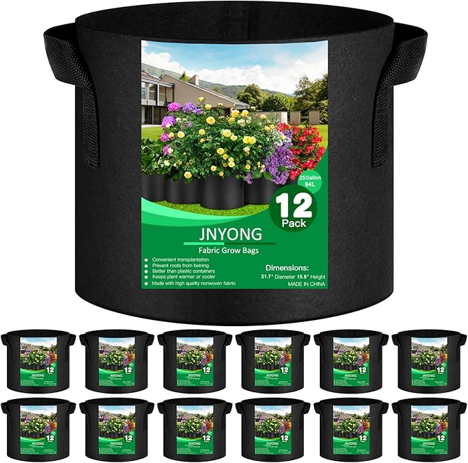 JNYONG NYONG 12-Pack 25 Gallon Thickened Non-Woven Grow Bags, Aeration Fabric Pots with Handles（Black）
