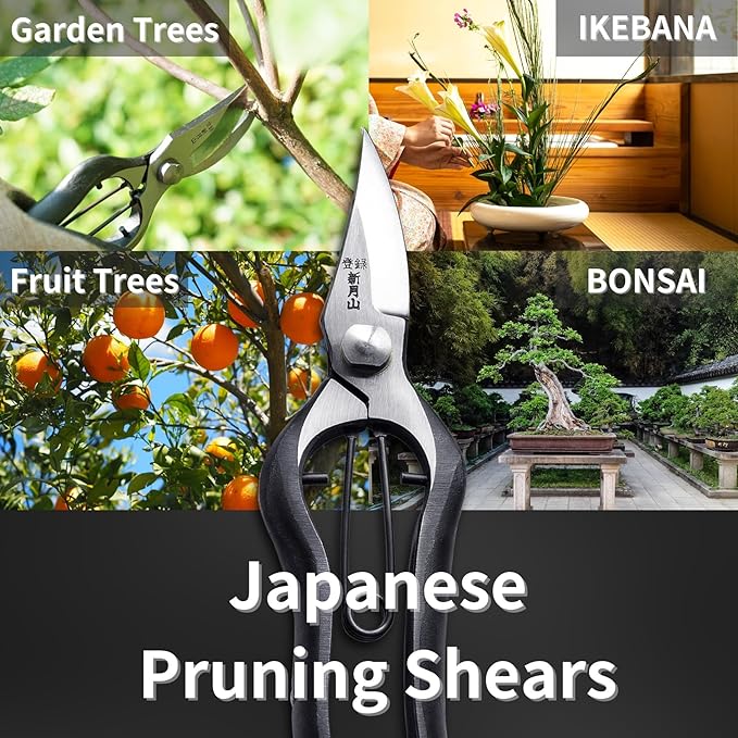 Japanese Pruning Shears for Gardening 7”, Professional All Purpose Bypass Pruners, Hand Forged Japanese Carbon Steel Blade, Spring Loaded Handle, Made in Japan