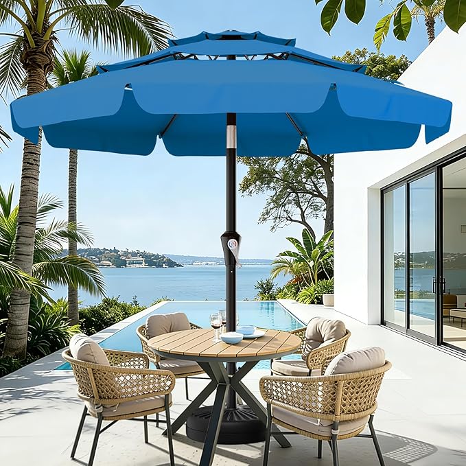AreShark 9FT 3-Tiers Patio Umbrella with Valance, Outdoor Umbrellas with Crank/Tilt, Table Market Umbrella Vented w/ 8 Sturdy Ribs for Garden, Deck, Backyard, and Pool, Royal Blue