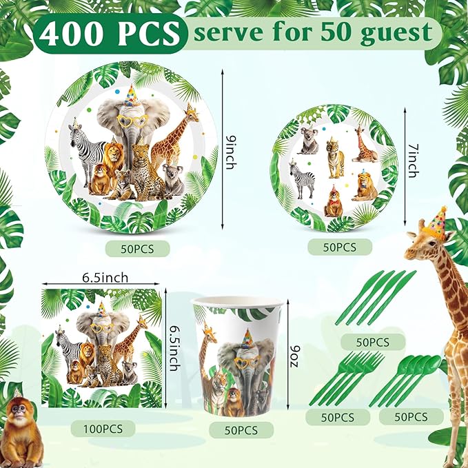 Funnymoom 400 Pcs Safari Happy Birthday Party Supplies for 50 Guests Jungle Animals Paper Plates and Napkins Knives Spoon Fork Cup Wild Animals Lion Tiger Dinner Sets for Zoo Birthday Party