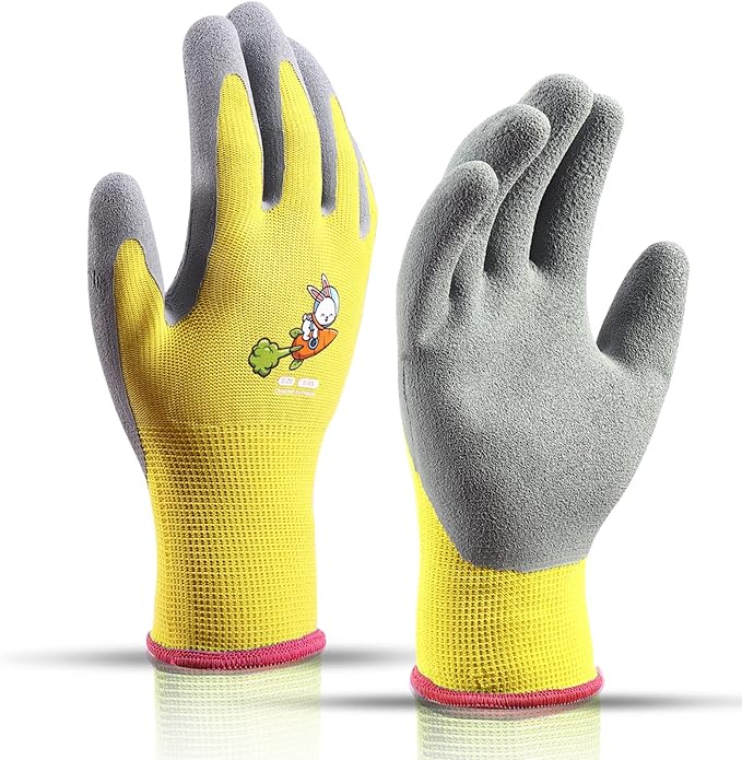 KDK Ages 8-10 Kids Gardening Gloves,Yard Work Gloves for Toddlers, Youth, Girls, Boys, Childrens, Soft Safety Rubber Gloves (XXXS Age 8-10, 1 Pair Yellow Rabbit Carrot)