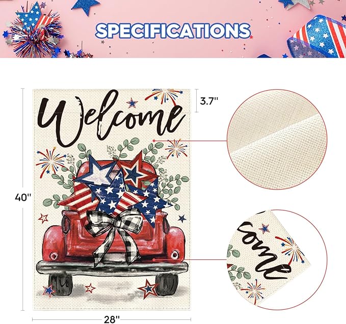 AVOIN colorlife Welcome Patriotic 4th of July Truck House Flag 28x40 Inch Double Sided, Rustic Farmhouse Yard Outdoor Decoration