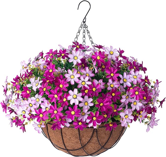 INXUGAO Artificial Flowers with Hanging Planter for Outdoor Decor, Faux Silk Daisy UV Resistant Plants in Basket for Indoor Porch Garden Yard Spring Summer Decor(Violet)