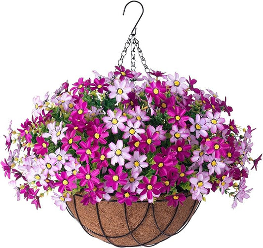 INXUGAO Artificial Flowers with Hanging Planter for Outdoor Decor, Faux Silk Daisy UV Resistant Plants in Basket for Indoor Porch Garden Yard Spring Summer Decor(Violet)