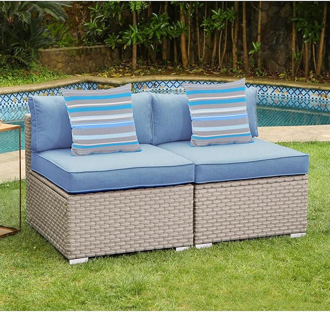 COSIEST 2-Piece Outdoor Furniture Add-on Armless Chairs for Expanding Wicker Sectional Sofa Set w Denim Blue Thick Cushions, 2 Stripe Woven Pillows for Garden, Pool, Backyard