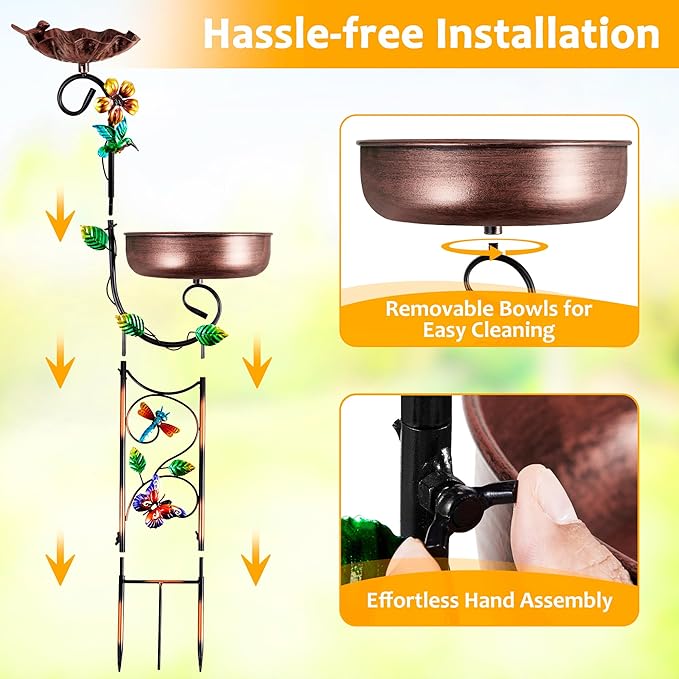 2 In 1 Bird Bath for Outside, Free Standing Large Metal Bird Baths Bowls & Bird Feeder Combo for Outdoors Garden Yard Lawn Decor, Vintage Wild Birdbaths Stand for Hummingbird, Copper