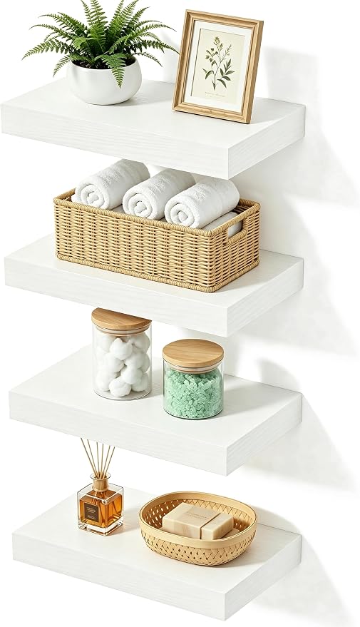 White Floating Shelves for Bathroom, 12 Inch Wooden Shelf Set of 4 | Space Saving Wall Shelves, 33lbs Max Load, Hidden Brackets, Easy Install, Wood Grain Finish, Bedroom Living Room Decor