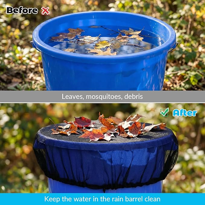 38.5 Inch Mesh Cover for Rain Barrel, Black Rain Barrels Net Cover, Water Collection Bucket Screen Covers to Keep Leaves Debris Out
