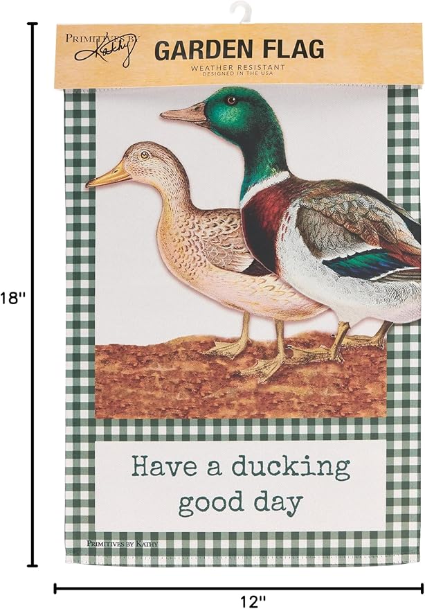 Primitives by Kathy Decorative Double-Sided Garden Flag - "A Ducking Good Day" funny pun, vintage art ducks, green gingham border design, weather resistant, fun yard garden accent