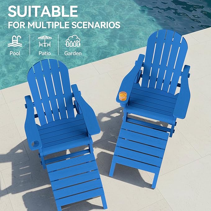 Vongrasig Adirondack Chairs Set of 2 with Removable Tabletop and Footrest, HDPE Plastic Outdoor Chair Set with Wooden Textured, Cup Holder for Patio, Poolside, Garden, Light Blue, 5 Pieces