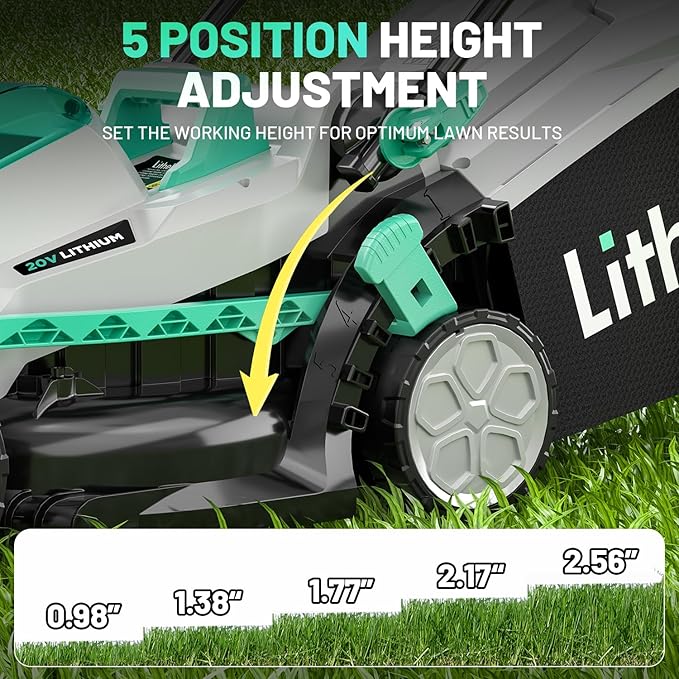 Litheli 13 Inch Cordless Lawn Mower, 5 Heights, 20V Electric Lawn Mowers for Garden and Yard, with Brushless Motor, 4.0Ah Battery & Charger Included