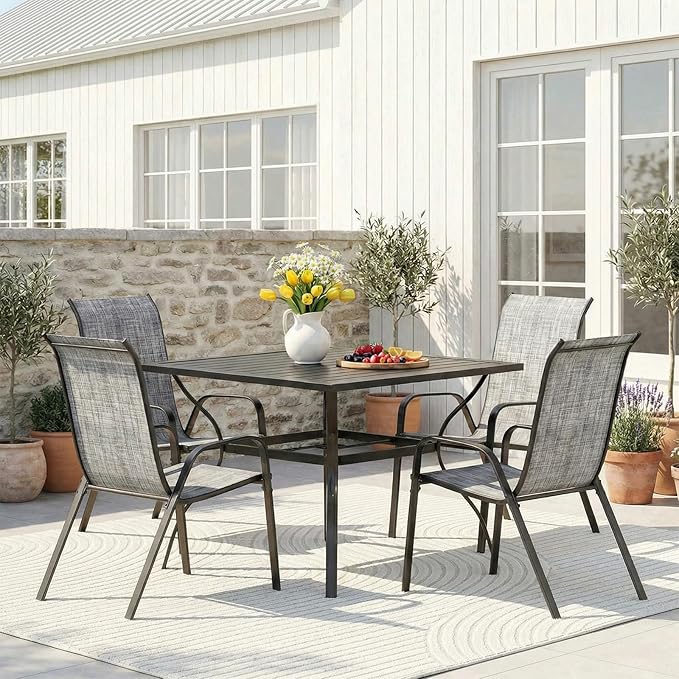 TLSUNNY Patio Chairs, Stackable Textilene Outdoor Dining Furniture for All Weather, with 17.7″ Wide Seat & Metal Frame, for Garden, Backyard, Deck, Restaurant, Poolside (4, Grey, 26.4″)