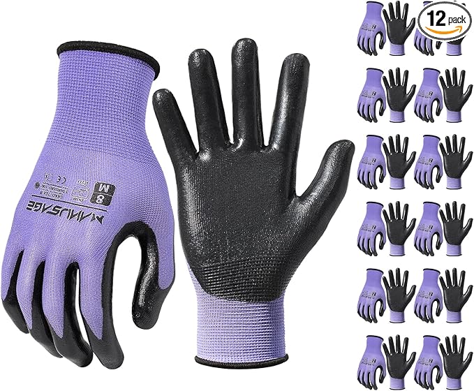 MANUSAGE Safety Work Gloves Nitrile For Men and Women, with Touchscreen Fingers, Men's Work Gloves with Grip, Mechanics Gloves (Size XXL, Purple, 12-pairs)