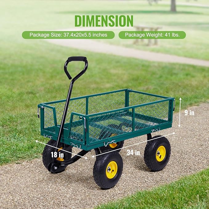 Backyard Expressions Heavy Duty Garden Cart 400 lb Utility Wagon Cart with Removable Mesh Sides, Powder-Coated Steel Bed, Pneumatic Tires, Pull Handle Yard Cart