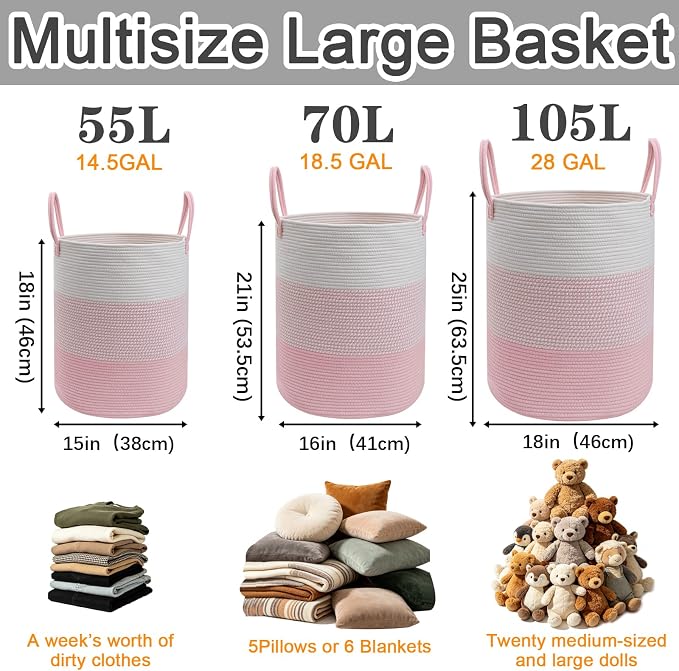 55L Pink Large Woven Laundry Basket, Clothes Hamper with Handles